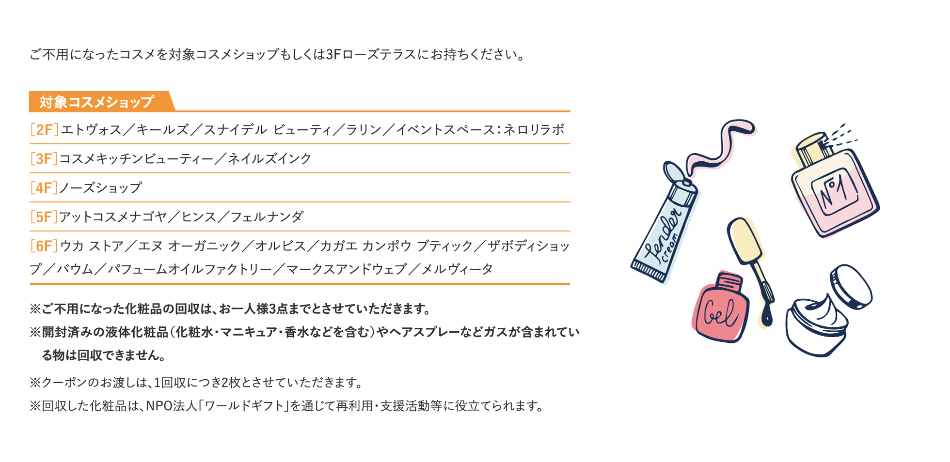 ご不用になったコスメを対象コスメショップもしくは3Fローズテラスにお持ちください。