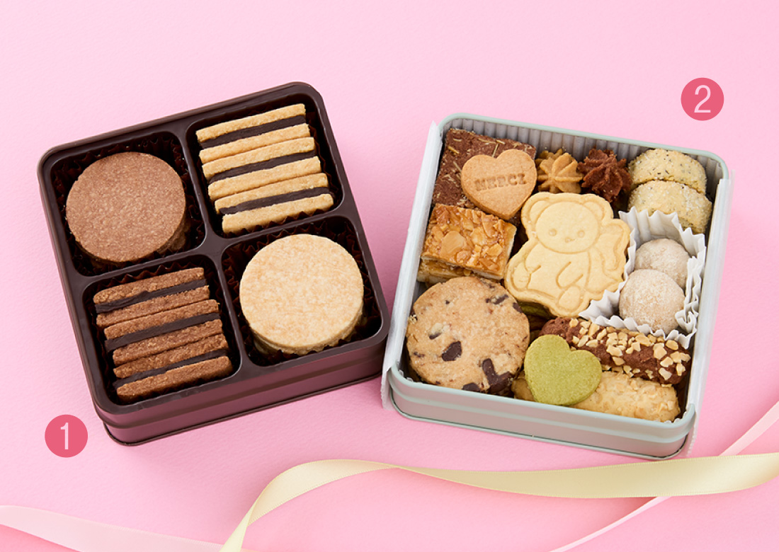 ［PECHE & K × yurikomeko］（ペーシュアンドケイ×ユリコメコ）　1：チョコサンドクッキー缶、2：クッキー缶